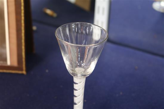 A double series opaque twist stemmed cordial glass, c.1770, with funnel bowl, 5.5in.